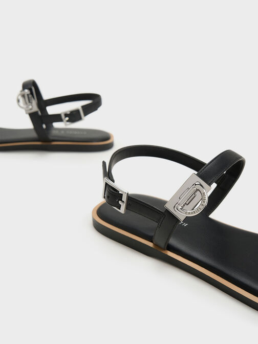 Double Metallic Buckle Sandals, Black, hi-res