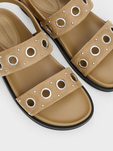 Faux Suede Grommet Crossover Slingback Sandals, Sand, hi-res
