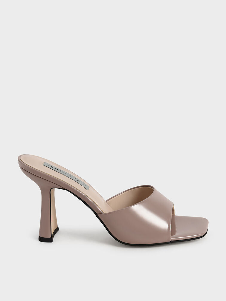 Patent Square Toe Heeled Mules, Taupe, hi-res