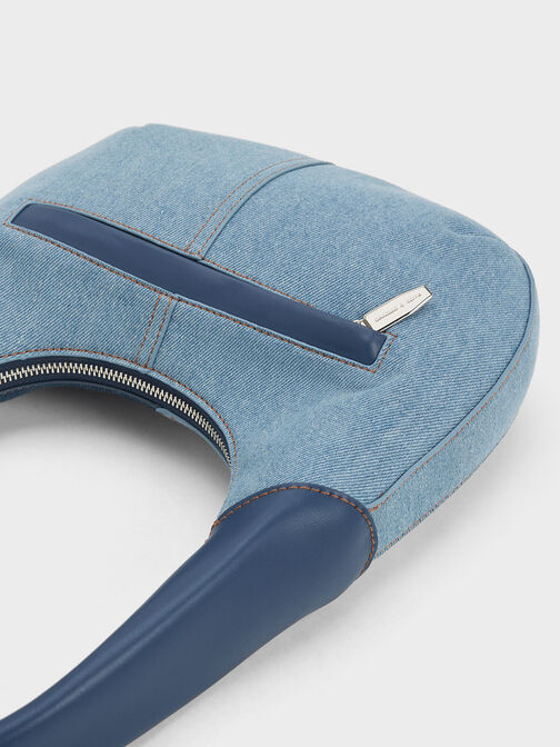 Anthea Denim Contrast-Trim Curved Hobo Bag, Denim Blue, hi-res