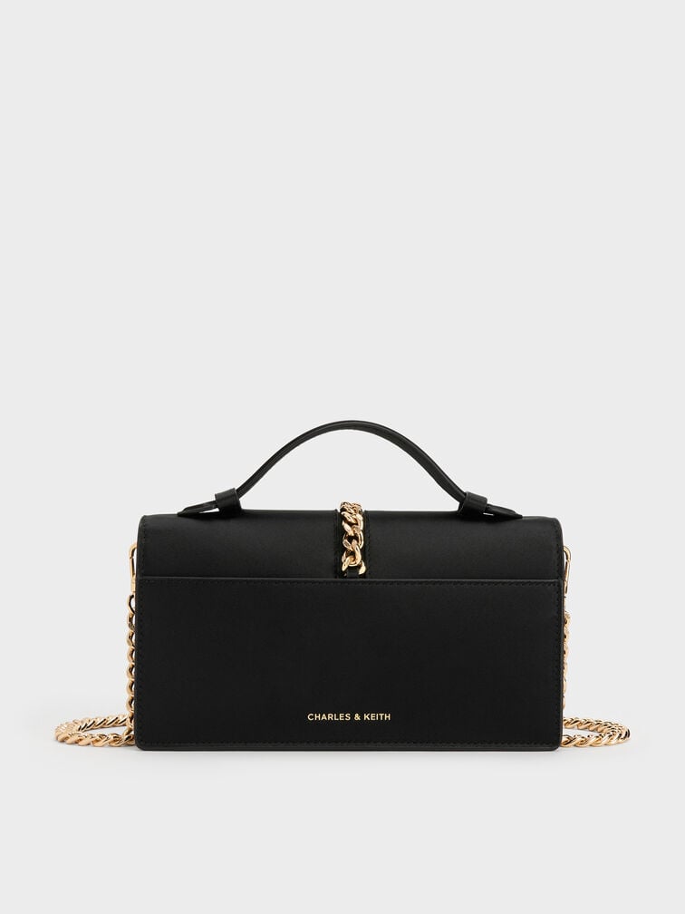 Taisia Satin Chain-Strap Envelope Bag, Black, hi-res