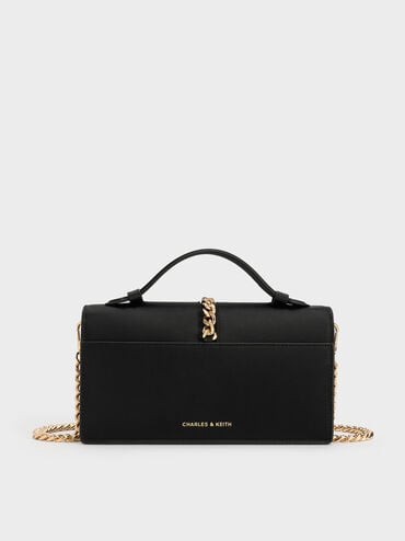 Taisia Satin Chain-Strap Envelope Bag, Black, hi-res