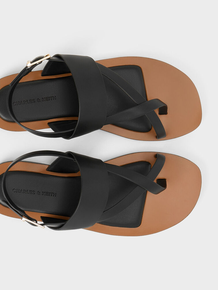 Toe-Ring Crossover-Strap Sandals, Black, hi-res