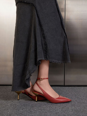 Metallic-Heel Ankle-Strap D'Orsay Pumps, Brick, hi-res