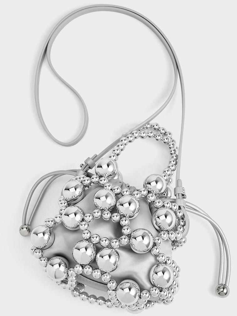 Metallic Beaded Top Handle Bag, Silver, hi-res