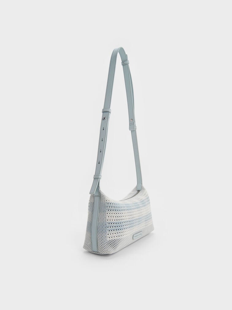 Ida Checkered Knitted Shoulder Bag, Sea Salt Blue, hi-res