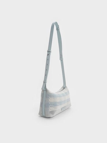 Ida Checkered Knitted Shoulder Bag, Sea Salt Blue, hi-res