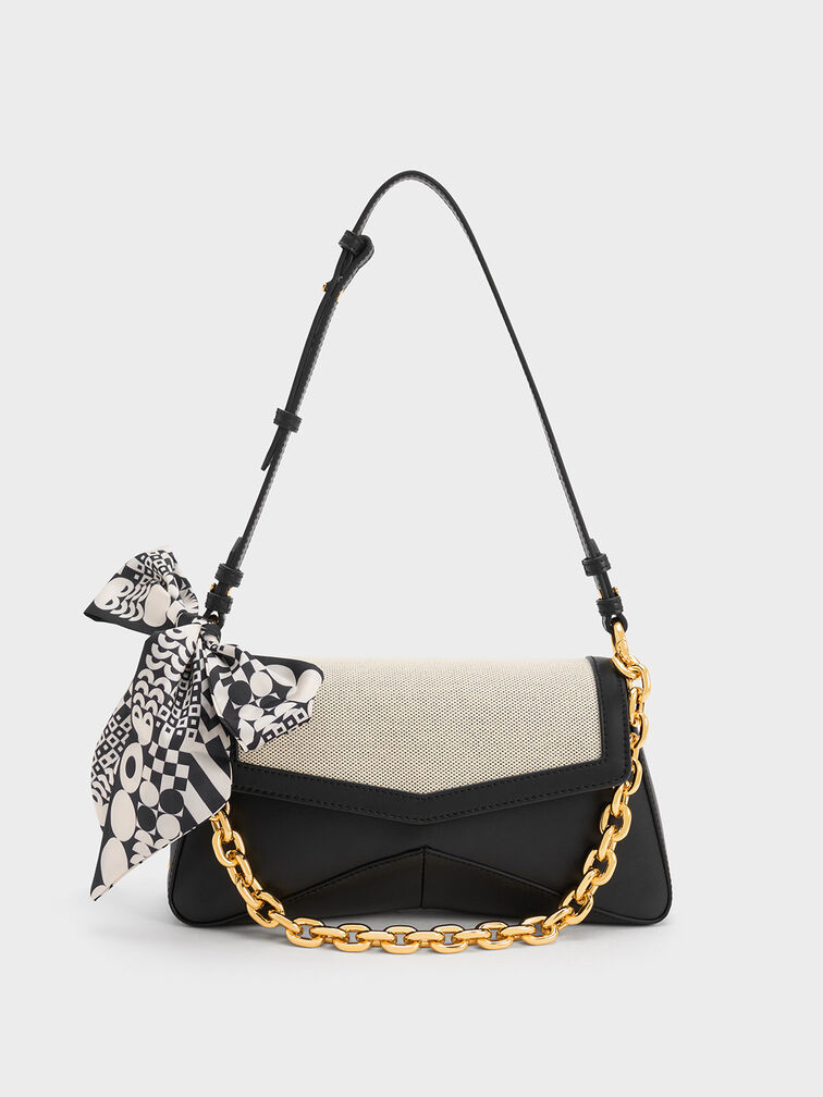 Arley Canvas Chain-Link Trapeze Bag, Black Textured, hi-res