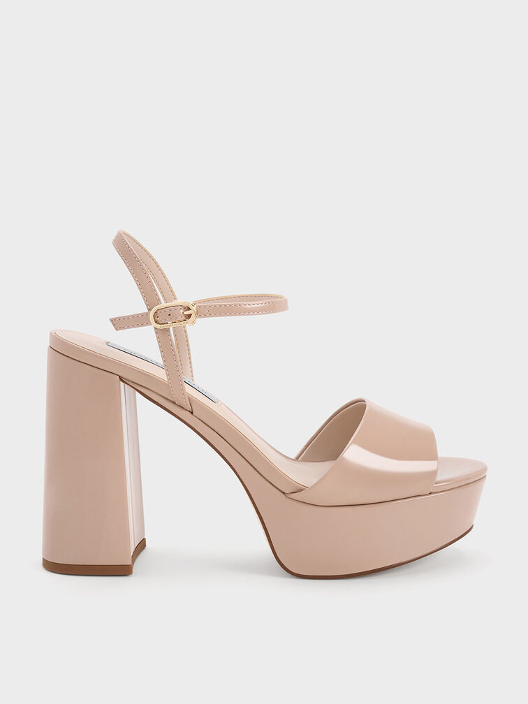 Halle Peep-Toe Patent Platform Sandals, Nude, hi-res