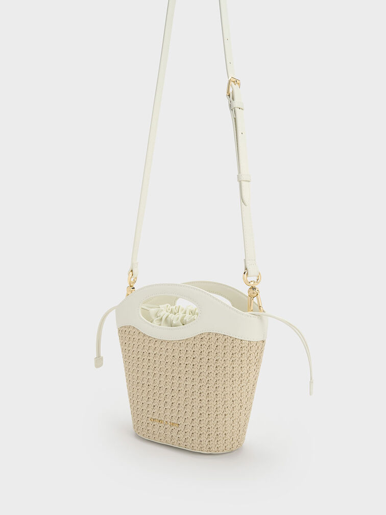 Raffia Drawstring Bucket Bag, White, hi-res