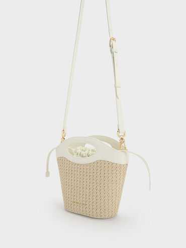 Raffia Drawstring Bucket Bag, White, hi-res