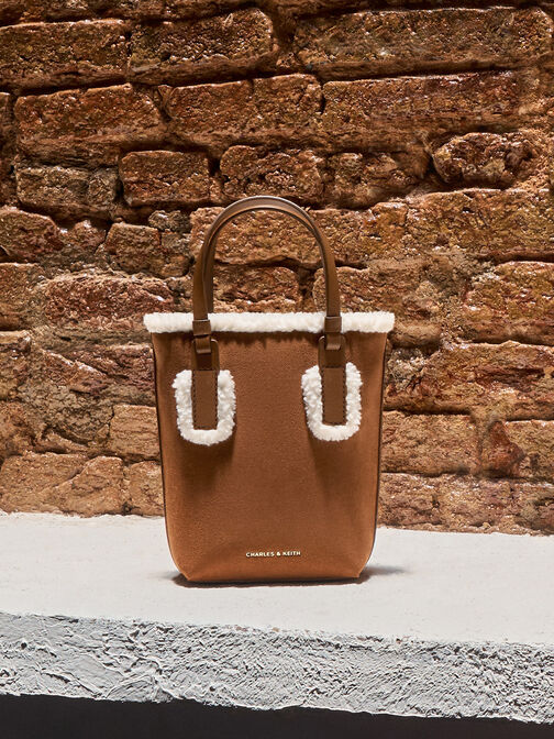 Noelle Faux Suede Fur-Trim Elongated Tote, Brown, hi-res