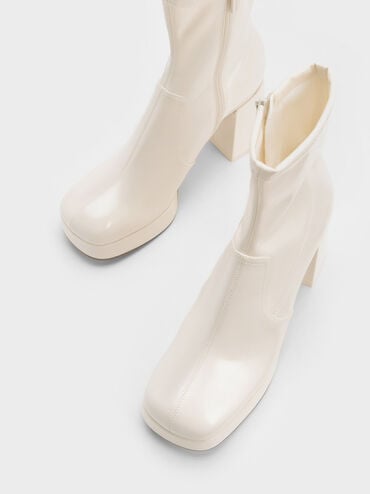 Patent Crinkle-Effect Block-Heel Boots, Beige, hi-res