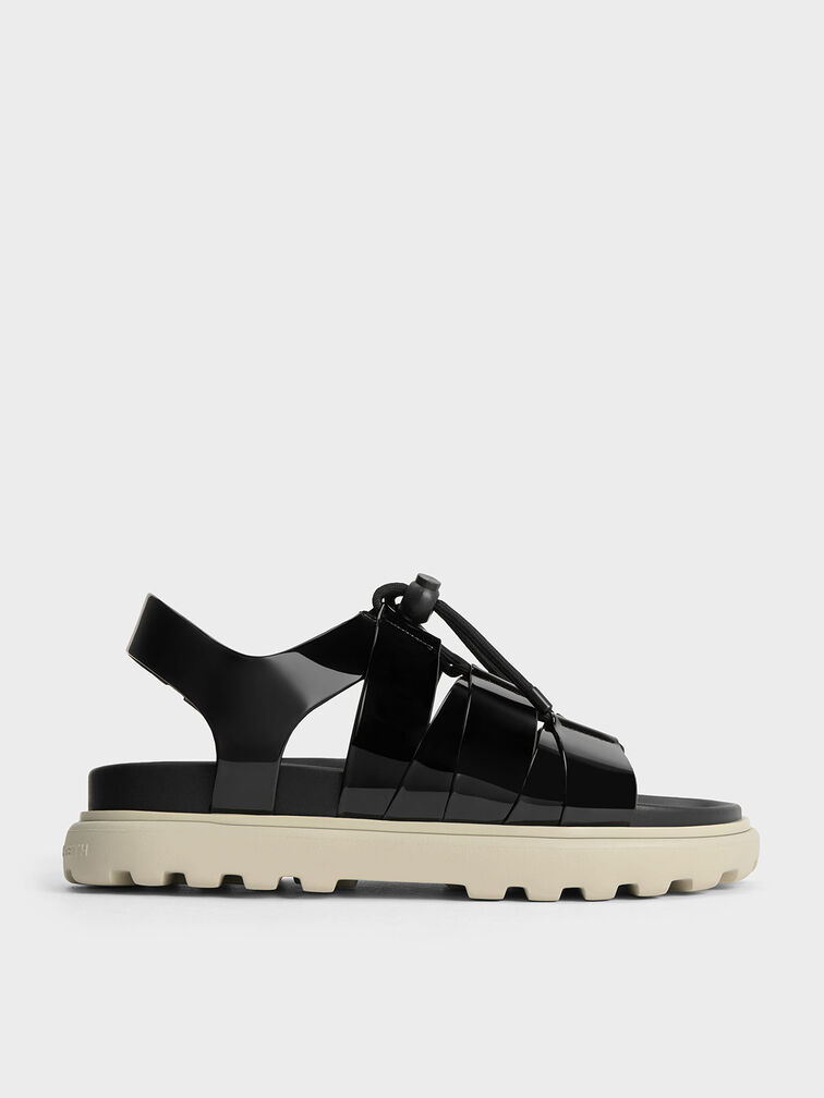 Patent Drawstring Lace-Up Sandals, Black Patent, hi-res
