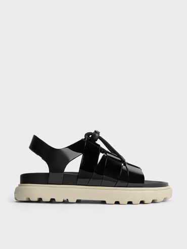 Patent Drawstring Lace-Up Sandals, Black Patent, hi-res