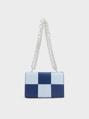 Georgette Chain Handle Checkered Bag, Navy, hi-res