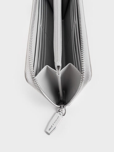 Metallic Croc-Effect Zip-Around Long Wallet, Silver, hi-res