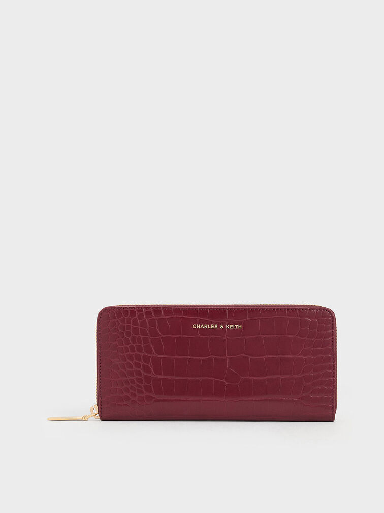 Croc-Effect Zip-Around Long Wallet, Burgundy, hi-res