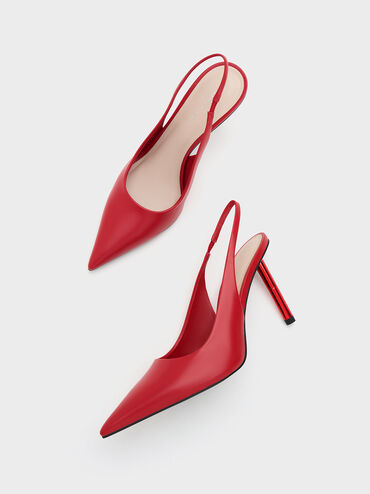 Cylindrical Metallic Heel Slingback Pumps, Red, hi-res