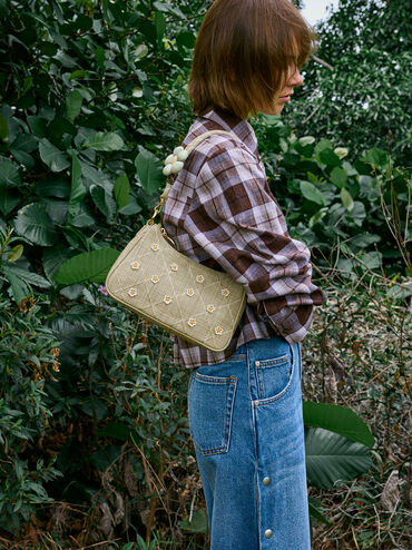 Philomena Raffia Flower Crossbody Bag, Pale Olive, hi-res