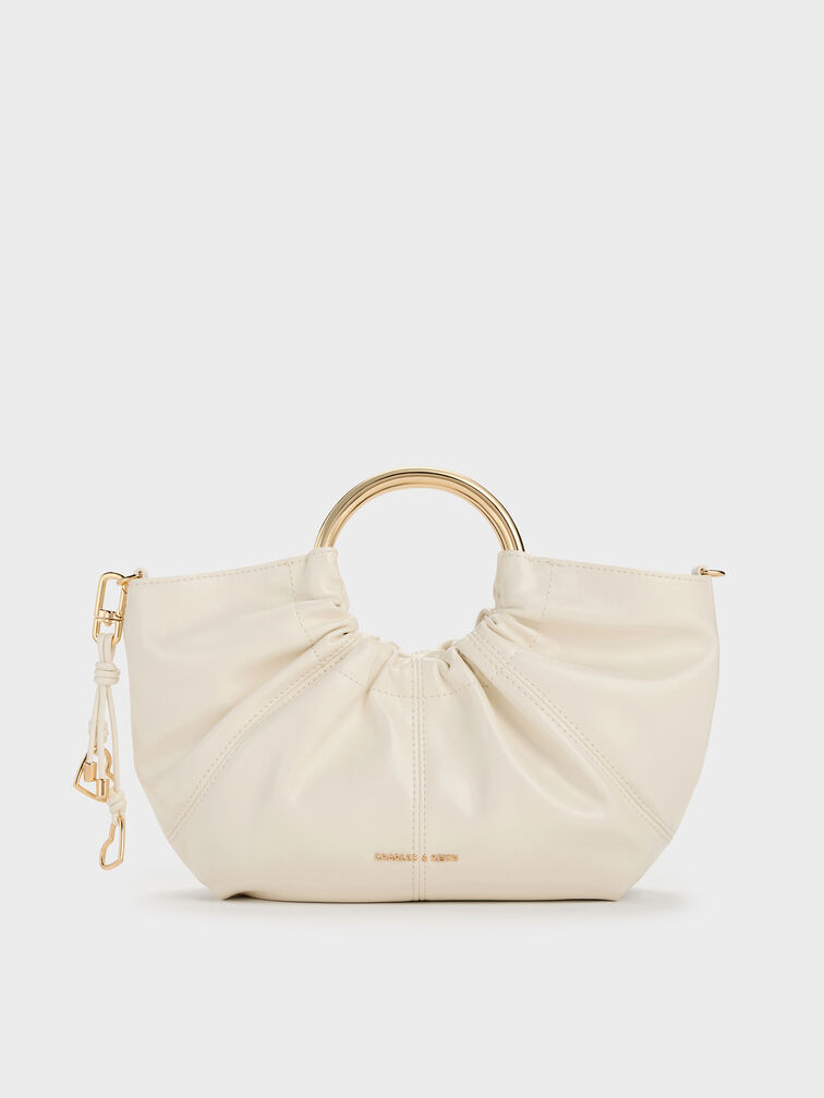 Ciara Ruched Metal Top Handle Bag, Cream, hi-res