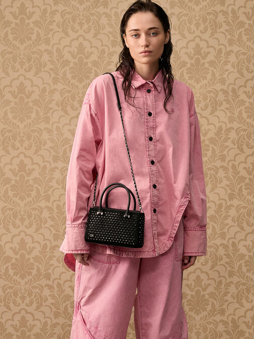 Suede & Leather Studded Cut-Out Tote Bag, Noir, hi-res