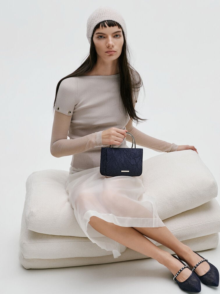 Jennis Lace & Satin Top Handle Bag, Dark Blue Textured, hi-res