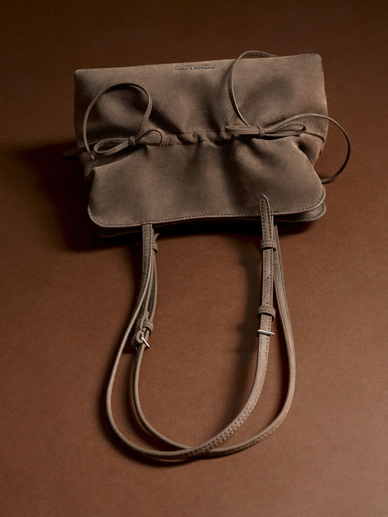 Reese Ruched Bow Shoulder Bag, Stone Grey, hi-res