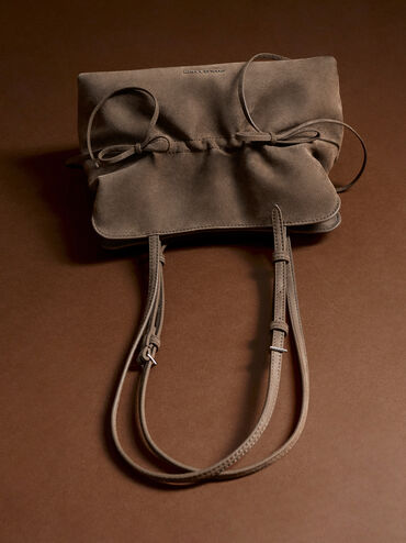 Reese Ruched Bow Shoulder Bag, Stone Grey, hi-res