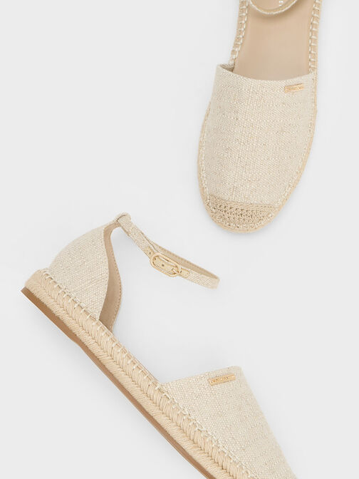 Linen Ankle-Strap Espadrille Flats, Beige, hi-res