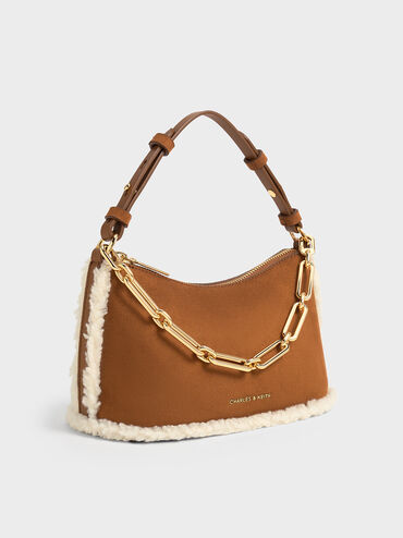 Robyn Faux Suede Fur-Trim Elongated Chain-Handle Bag, Brown, hi-res