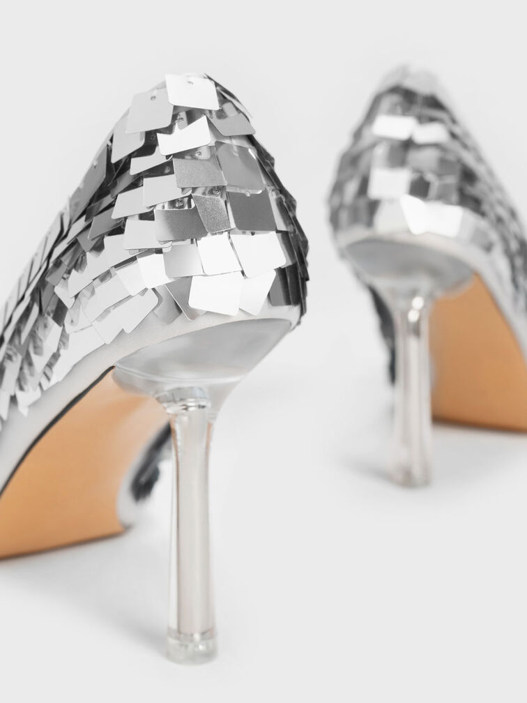 Sequinned Stiletto Heel Pumps, Silver, hi-res