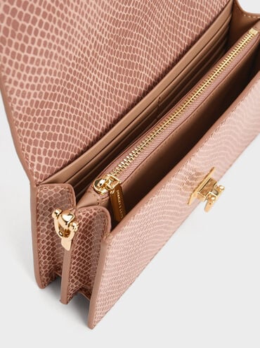 Tallulah Snake-Print Push-Lock Wallet, Blush, hi-res