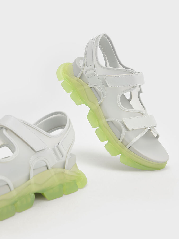 Coloured Translucent-Sole Chunky Sport Sandals, Green, hi-res