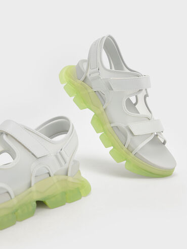 Coloured Translucent-Sole Chunky Sport Sandals, Green, hi-res