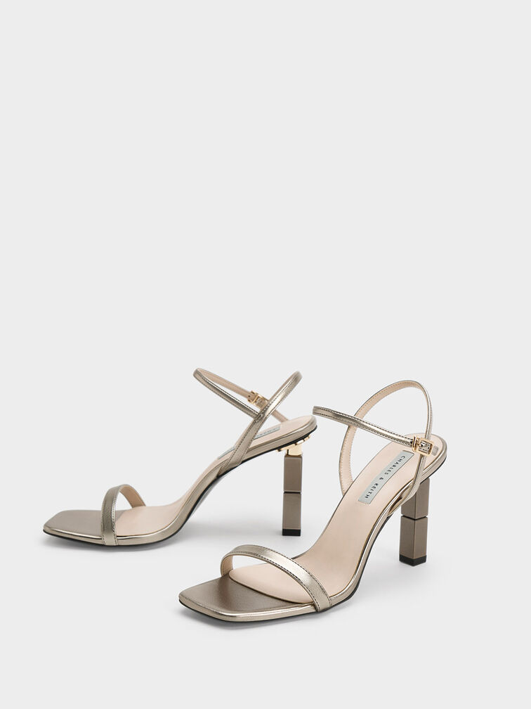 Metallic Sculptural Heel Sandals, Pewter, hi-res