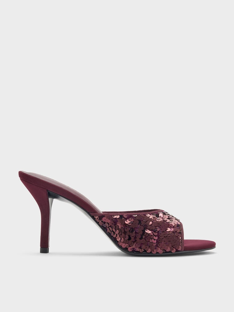 Sequinned Stiletto-Heel Mules, Burgundy, hi-res
