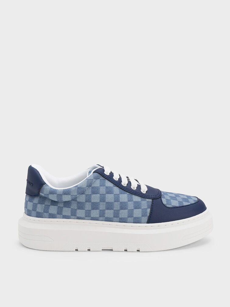 Stevie Denim Checkered Sneakers, Blue, hi-res
