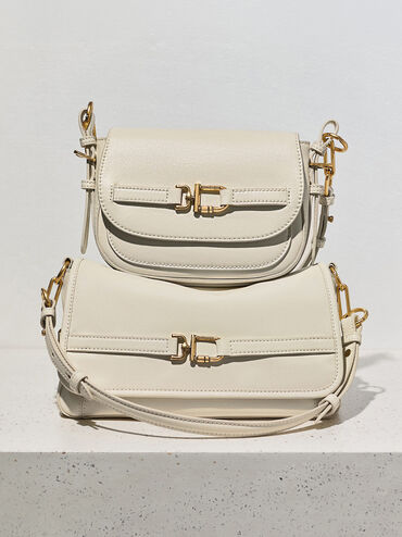 Gwynne Metallic-Buckle Belted Shoulder Bag, Cream, hi-res