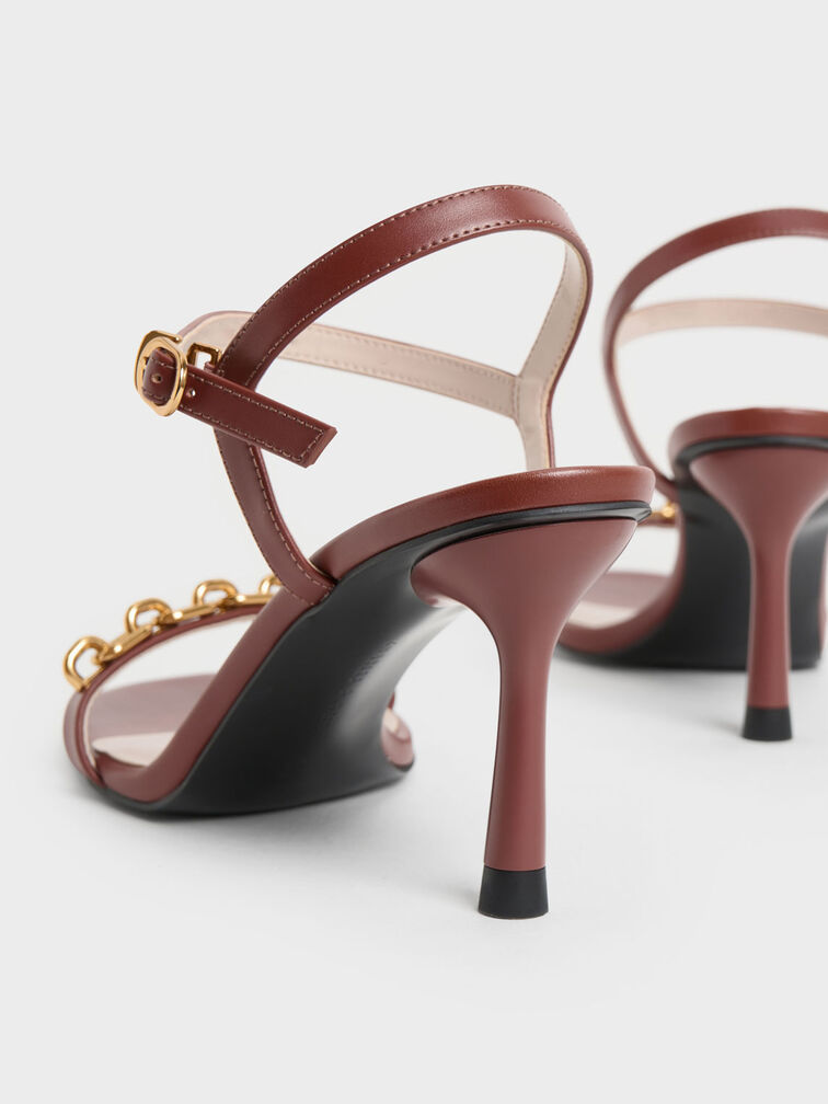Chain Link Heeled Sandals, Brown, hi-res