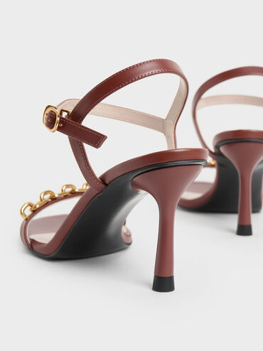 Chain Link Heeled Sandals, Brown, hi-res