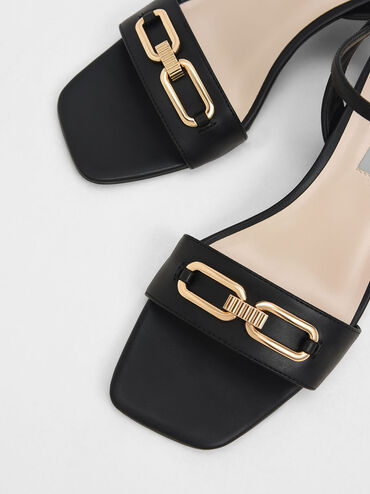 Chain Link Ankle Strap Sandals, Black, hi-res