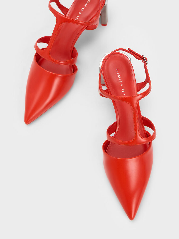 Curved Heel T-Strap Pumps, Red, hi-res