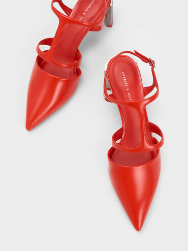 Curved Heel T-Strap Pumps, Red, hi-res