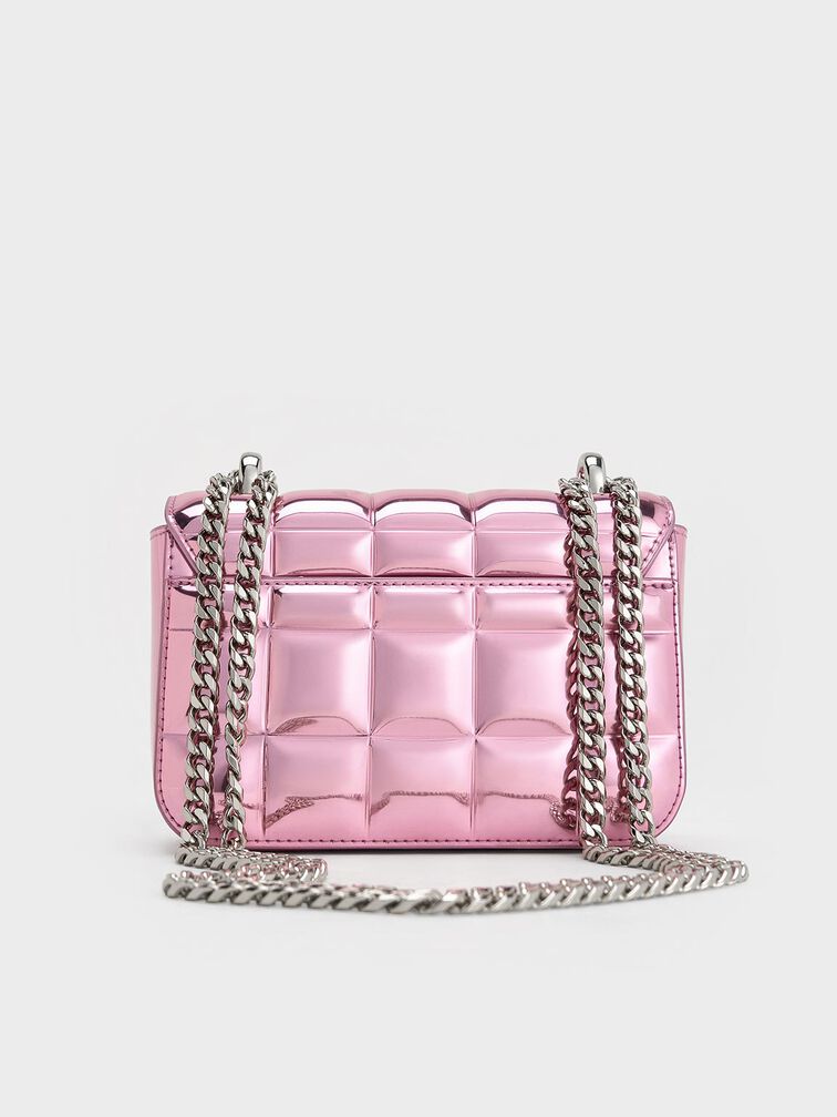 Metallic Square-Quilted Chain-Handle Bag, Pink, hi-res