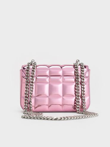 Metallic Square-Quilted Chain-Handle Bag, Pink, hi-res