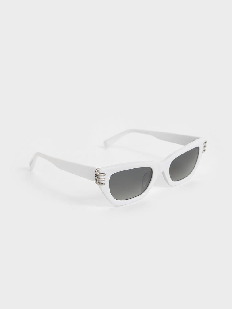 Recycled Acetate Metallic-Accent Angular Cat-Eye Sunglasses, White, hi-res