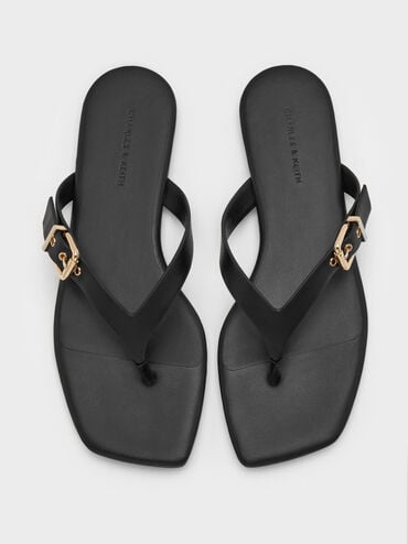 Buckled Thong Sandals, Black, hi-res