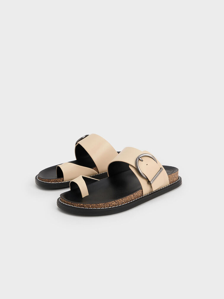Metallic Buckle Toe-Ring Sandals, Sand, hi-res
