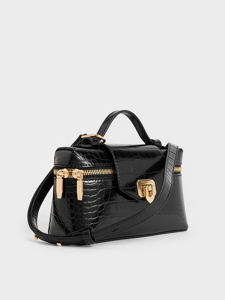 Arwen Croc-Effect Top Handle Vanity Bag, Black, hi-res